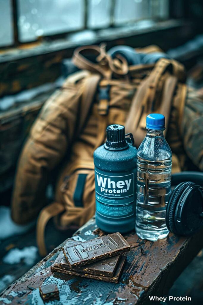 barre à la whey avec un casque audio et une bouteille d'eau