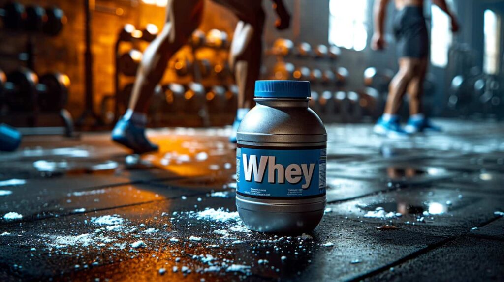 pot de whey sur le sol salle de fitness