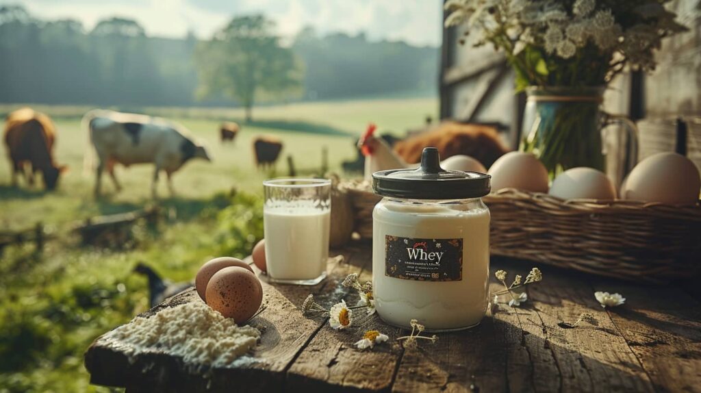 un pot de protéine sur une table avec des vaches des poules, des oeufs