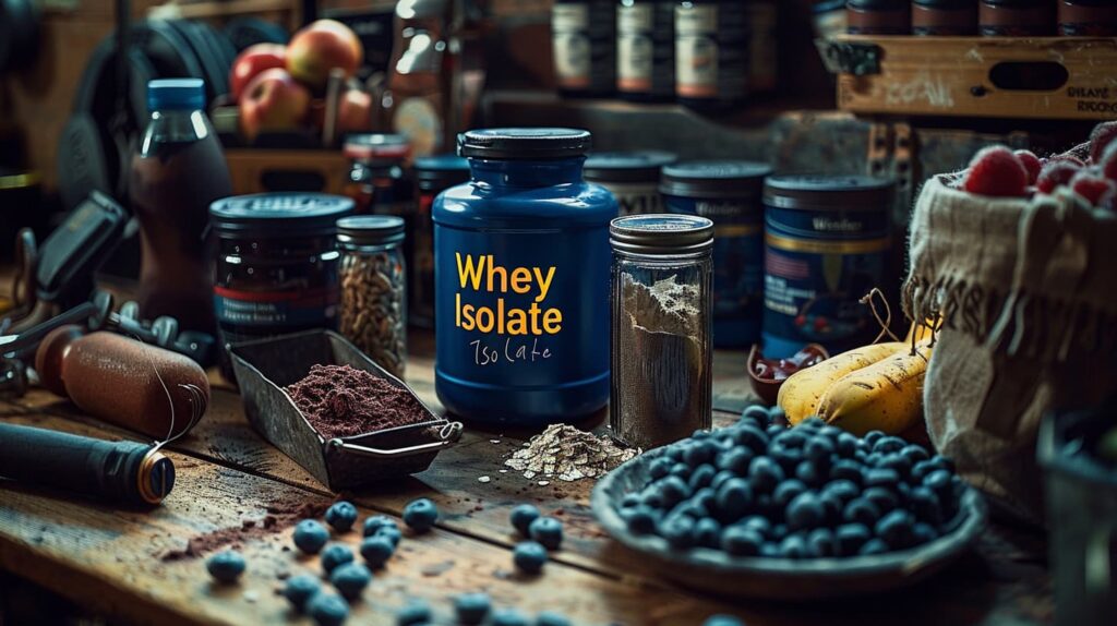 whey isolate sur une table avec des ingrédients