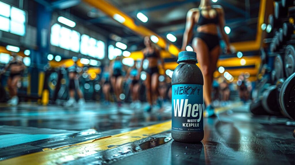 une bouteille de whey dans une salle de sport